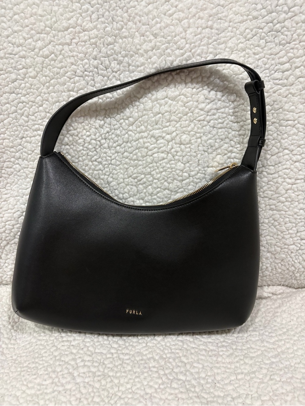 Furla Black Leather Shoulder Bag with Gold-Tone Zipper